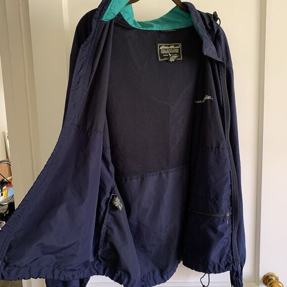 Eddie Bauer Jacket Large Windbreaker Navy Blue Full Zip Coat Hooded Mens Pockets - Picture 4 of 8